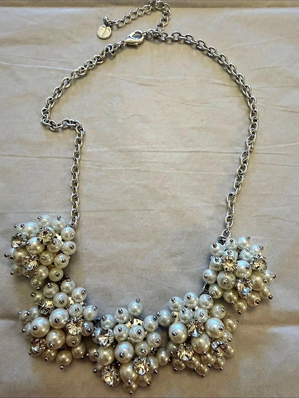 Talbots Silver Tone Faux Pearl Crystal Cluster Statement Necklace